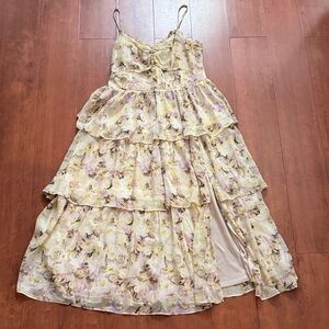 Vici Girls Yellow Floral Tiered Maxi Dress with Pink and Purple Accents